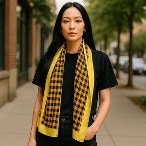 VINTAGE SCARF 70s Yellow Orange and Forrest Green Houndstooth Silk Long